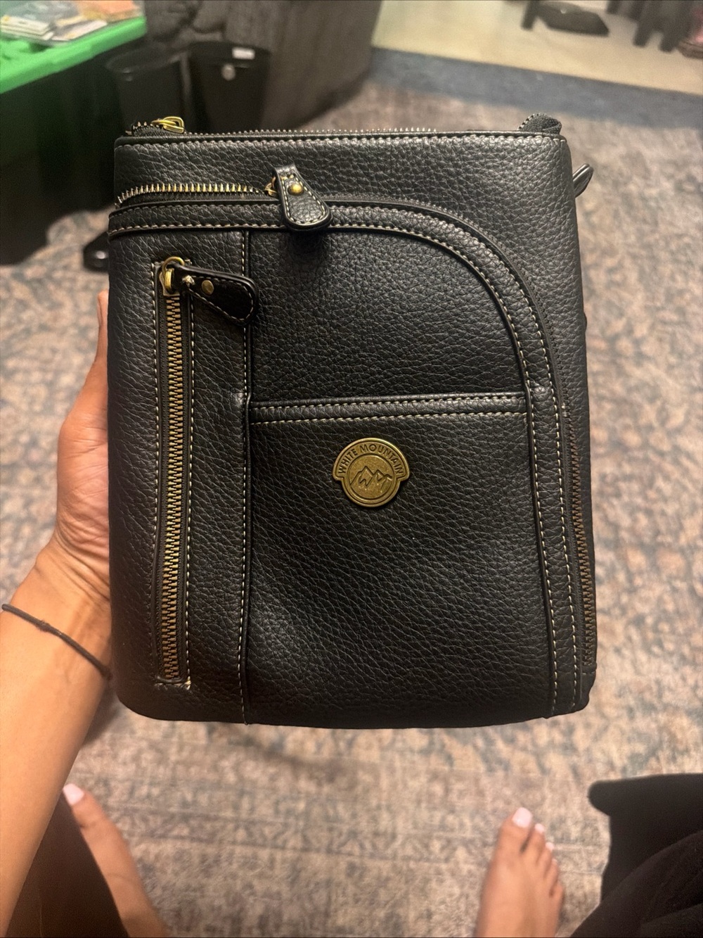 White Mountain Black Pebbled Crossbody Bag with Brass Accents